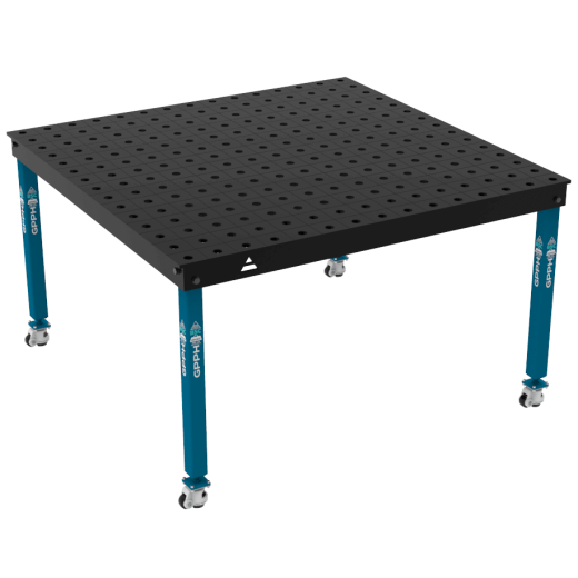 Schweiß- & Montagetisch BASIC 12 mm – 1500 × 1480 mm – auf Rädern – Ø28 mm / 100×100 mm Raster