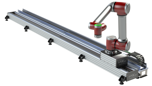 NEXOS LinDrive Linearachse mit aufgesetztem JAKA 6-Achs-Cobot als erweitertes 7-Achsen-System für flexible Automatisierungsaufgaben.